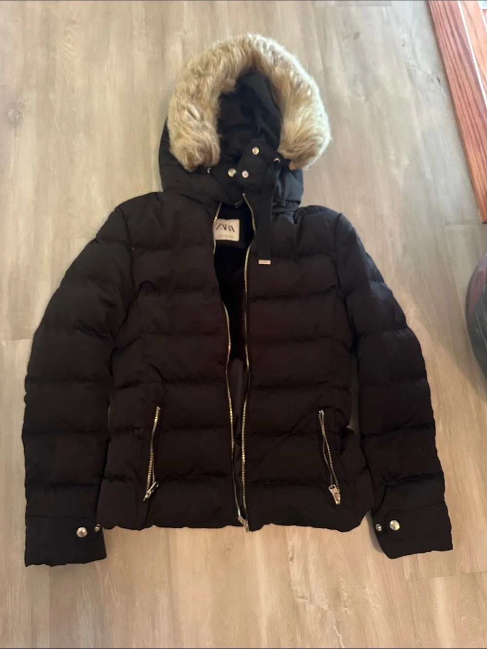Zara Black Puffer Jacket with Faux Fur Trimmed Hood